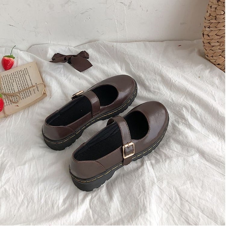 woomiiリボン付きブラウンブルーフラットシューズ woomiiリボン付き