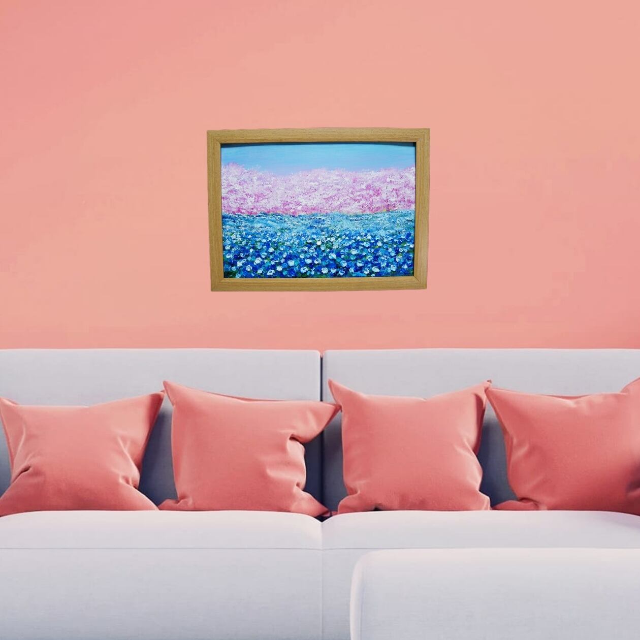 油絵 油彩 油彩画 絵画 絵【ネモフィラとサクラ】 | HIROSHI1990