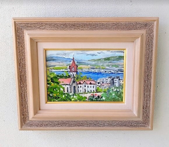 坂元輝行「教会のある風景」油絵 額縁外寸39.5x32.5x厚み6.0cm 絵 SM
