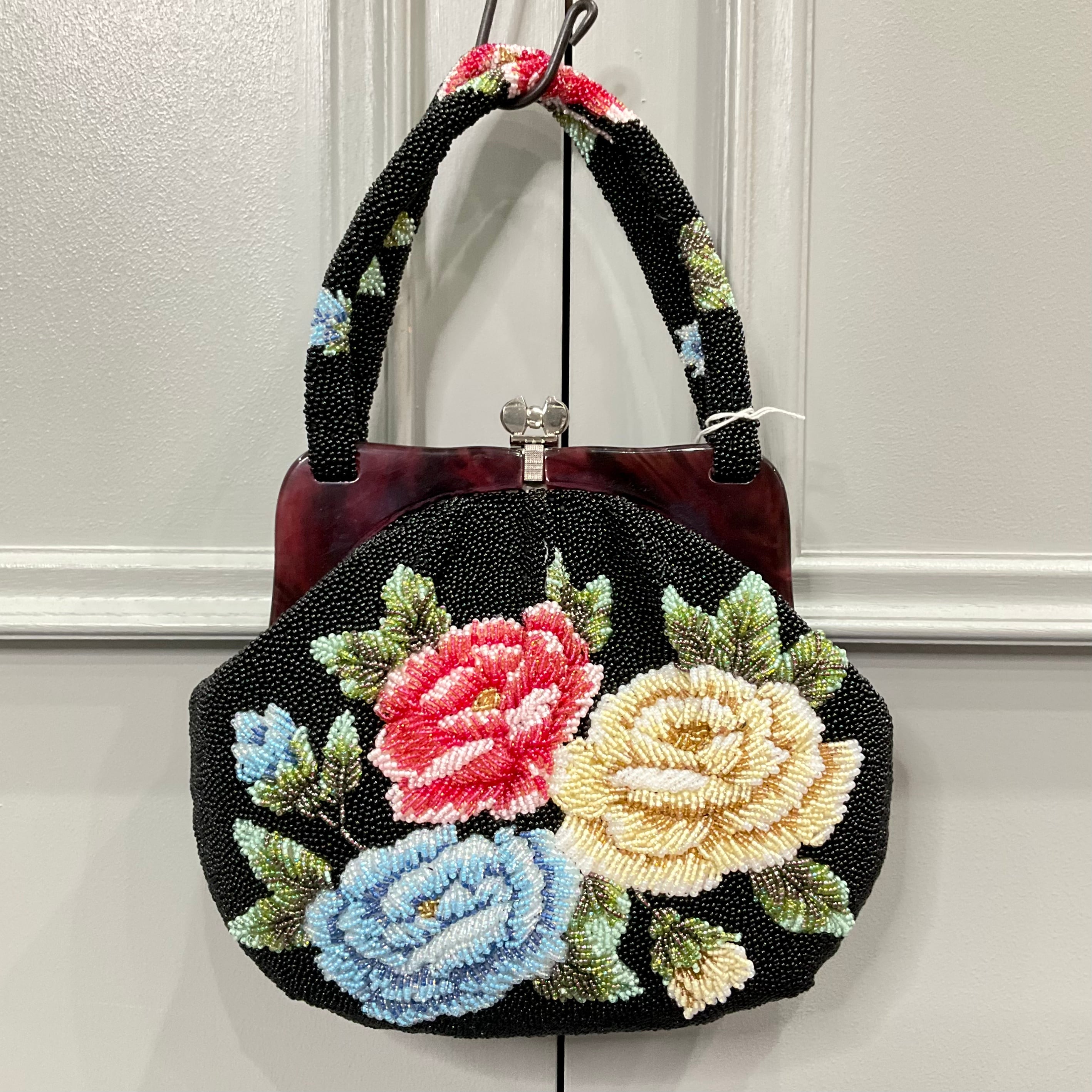 ヴィンテージビーズバッグ＊ブラック×スリーカラーズ・フラワー0570