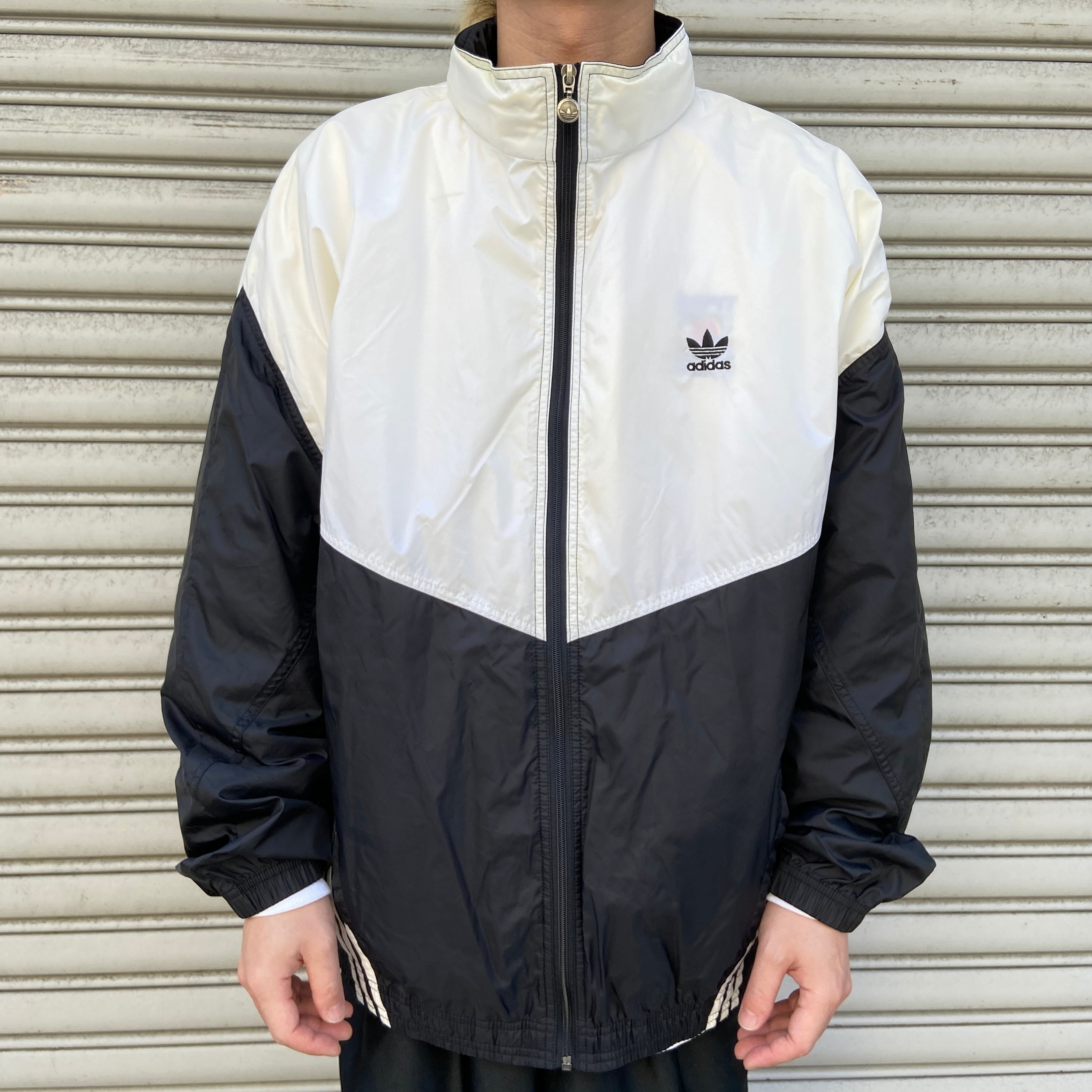90s adidas ナイロンジャケット トレフォイルロゴ 3本線 白黒 L | 古着