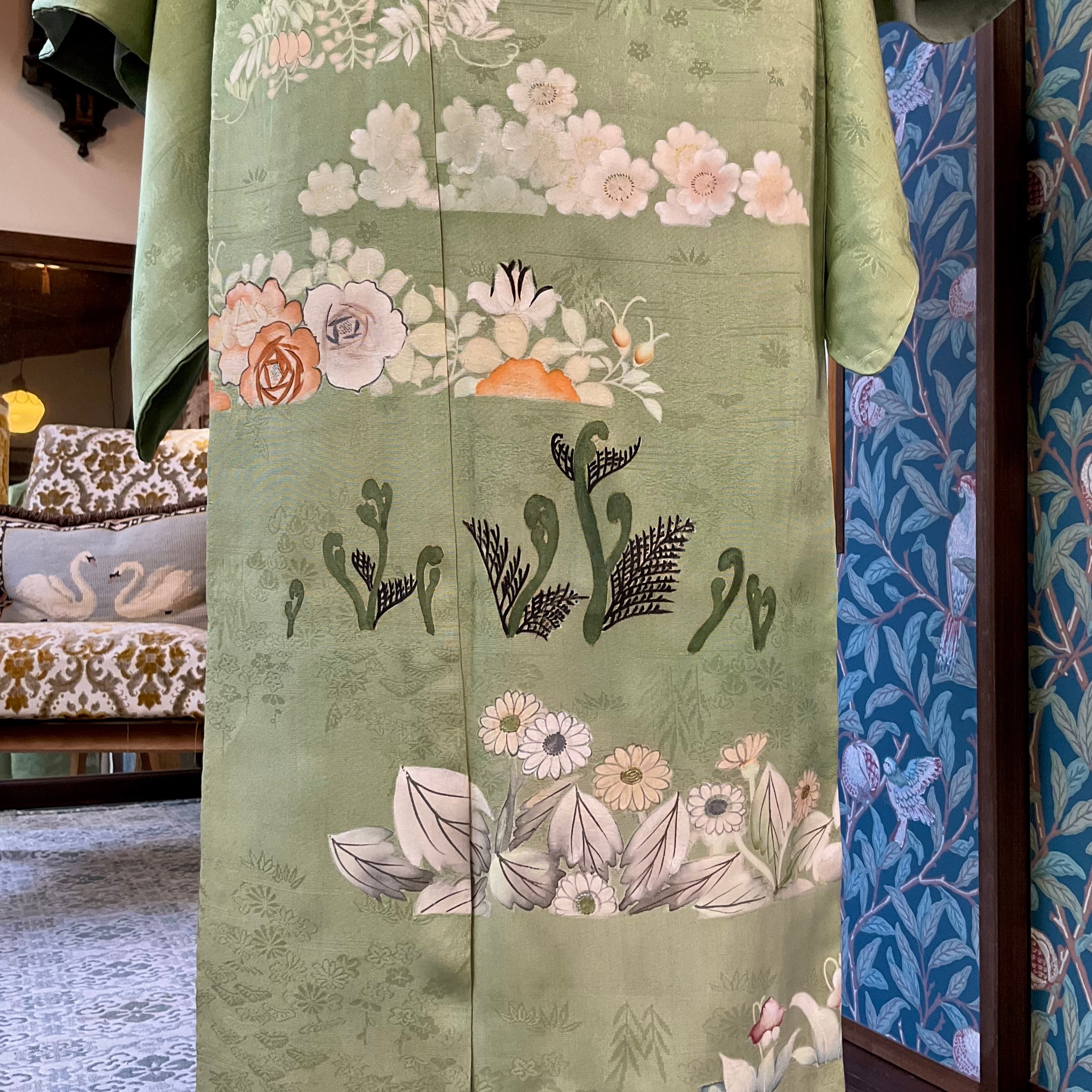 翠の花小道＊くすみグリーン 桜 薔薇 藤 菫 蕨 アンティーク付下げ着物