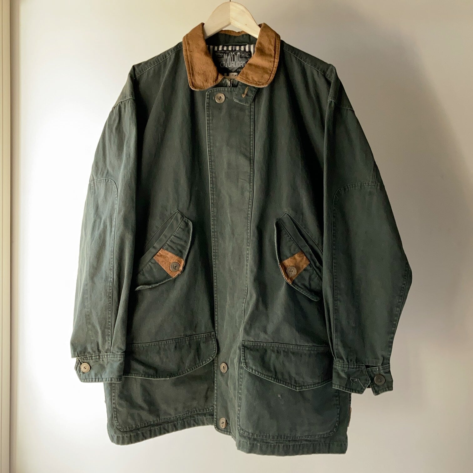 襟レザー切り替え ハンティングジャケット ダークグリーン【0122A27