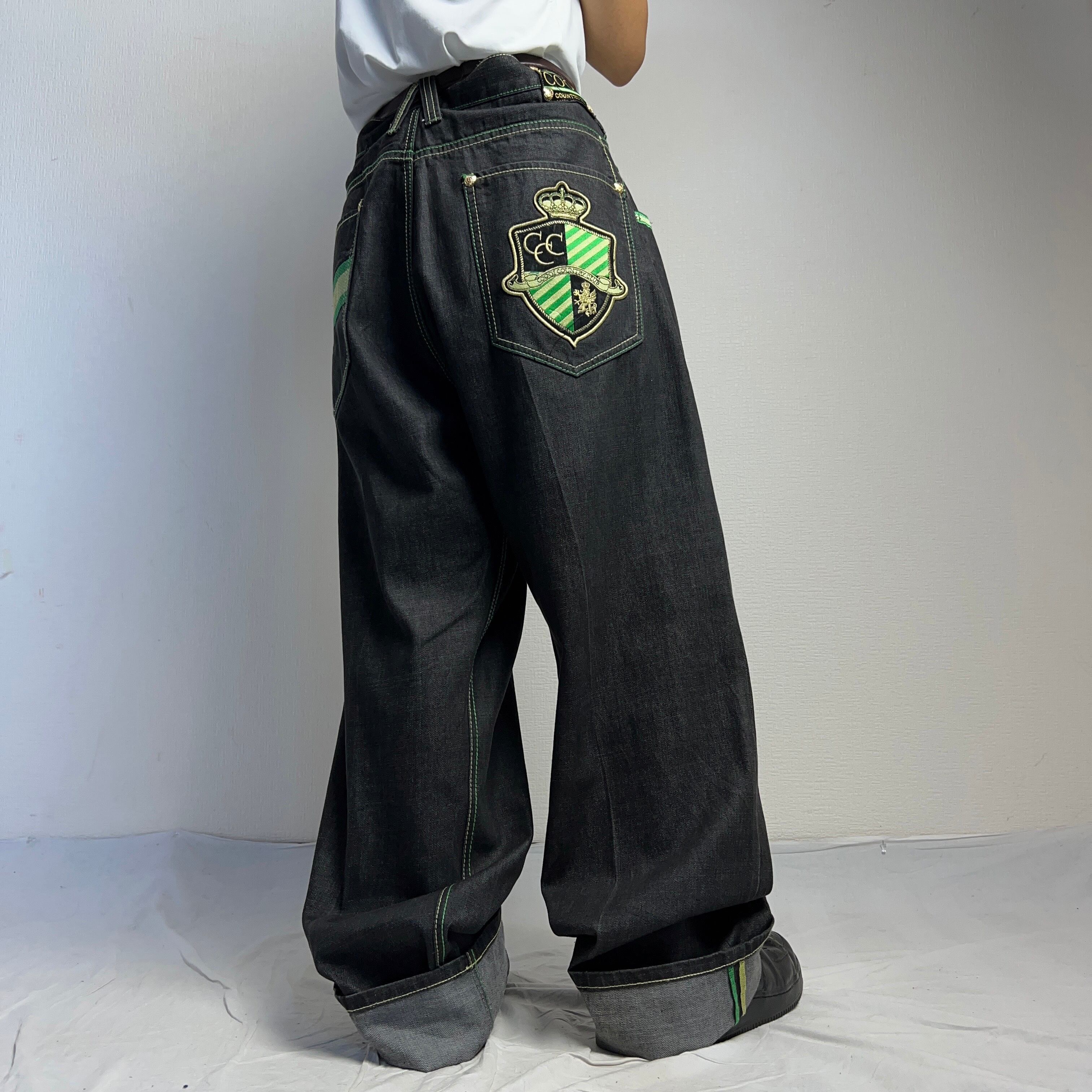 COOGI” BLACK DENIM WIDE PANTS W44 クージー ワイド ブラックデニム