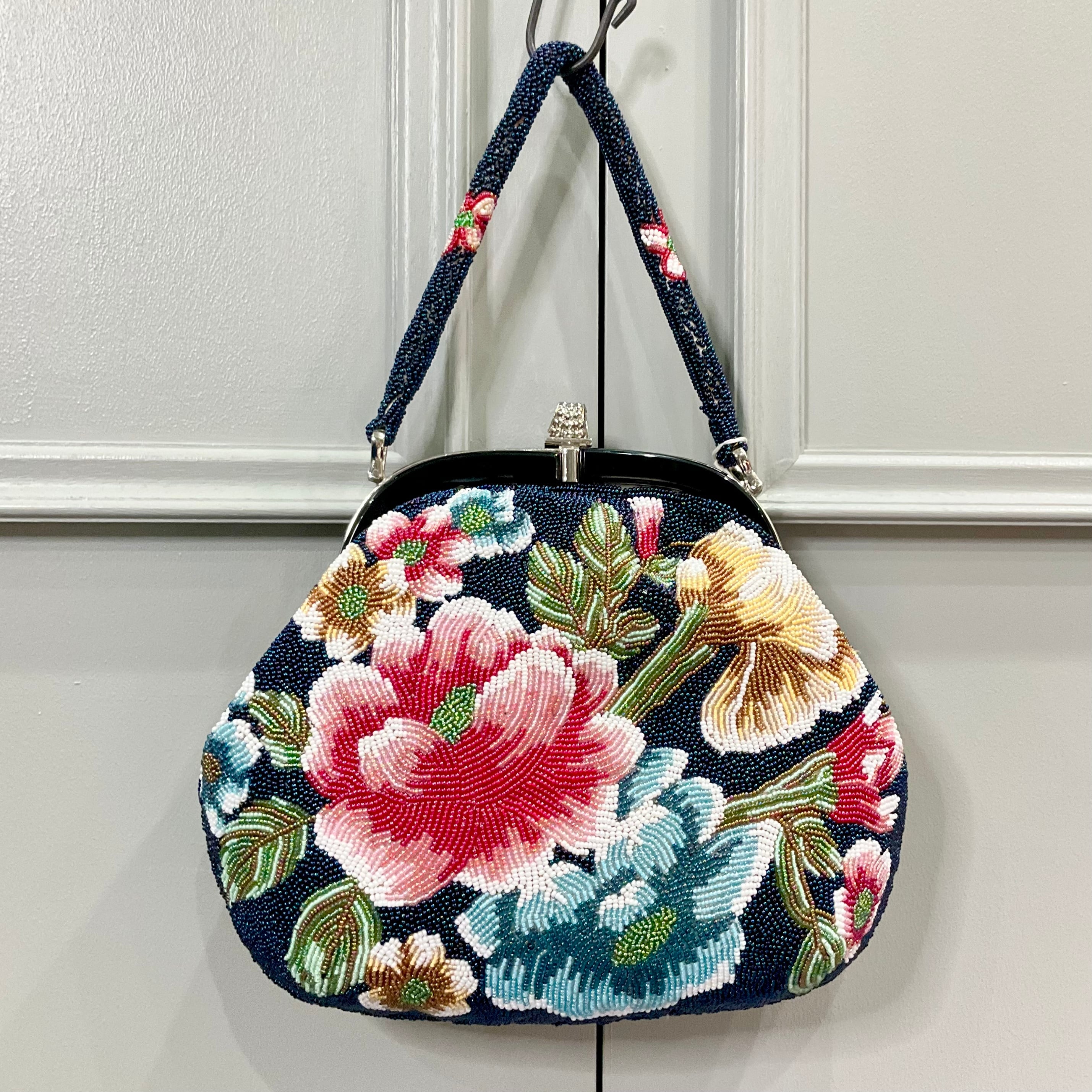ヴィンテージビーズバッグ＊ネイビー×華やかフラワー 0580 | kimono tento