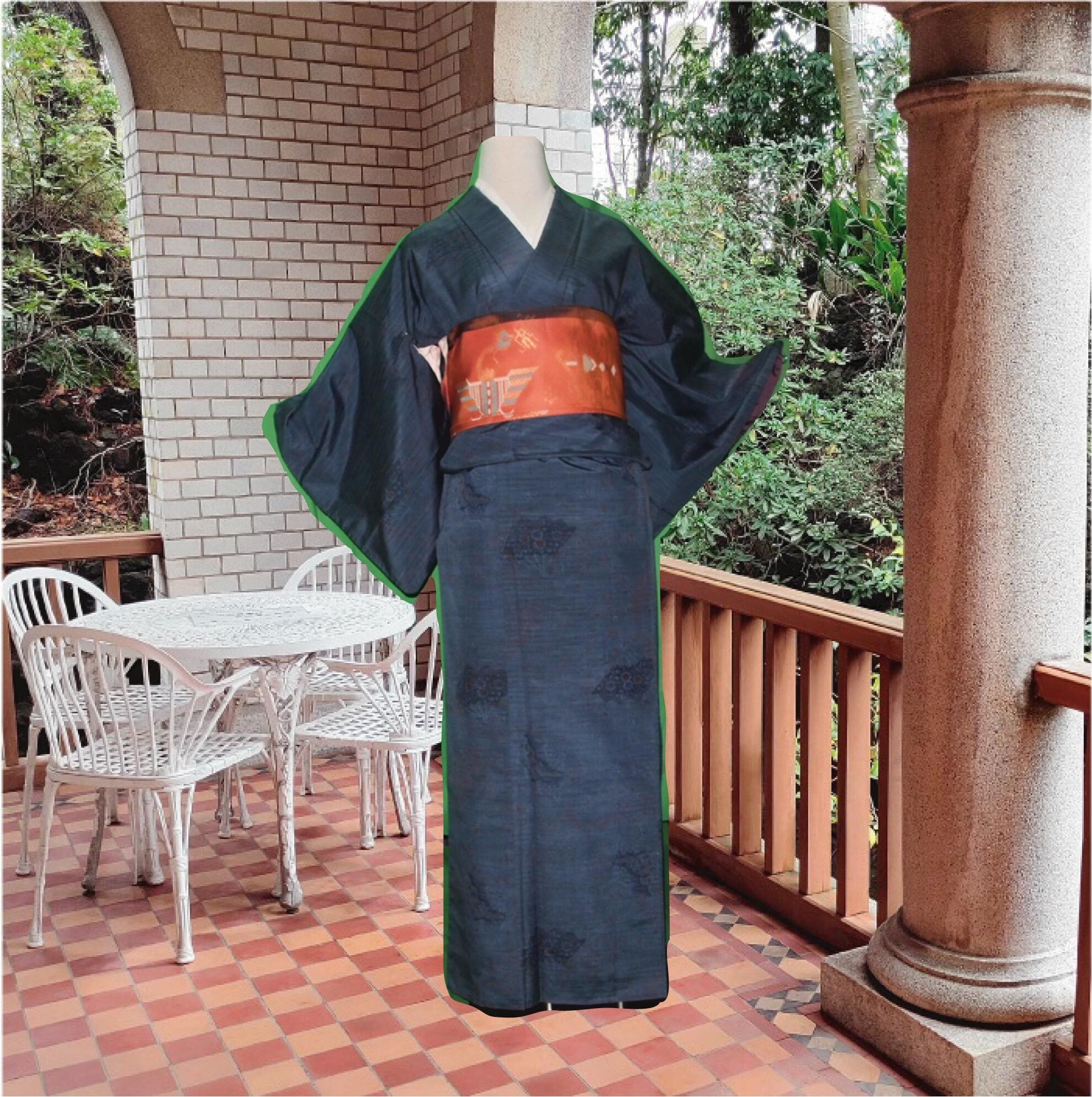 大島紬 フルセット 小紋 着物 正絹 着物OT□大島紬 紺 花柄 正絹 花 帯