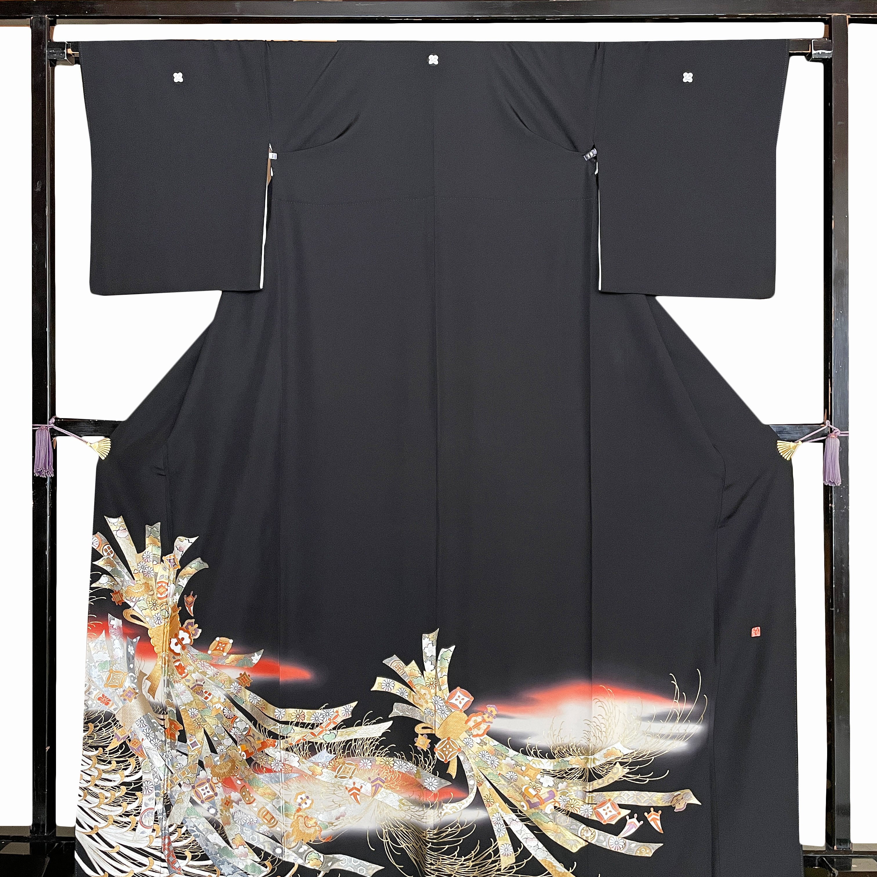 kuro18】ハイクラス黒留袖レンタル【高級加工品】正絹 豪華金彩鶴と