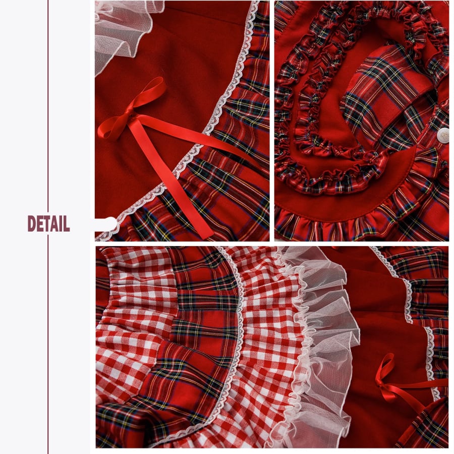 レディース ロリータ レトロ チェック柄 フリル ビッグカラー リボン