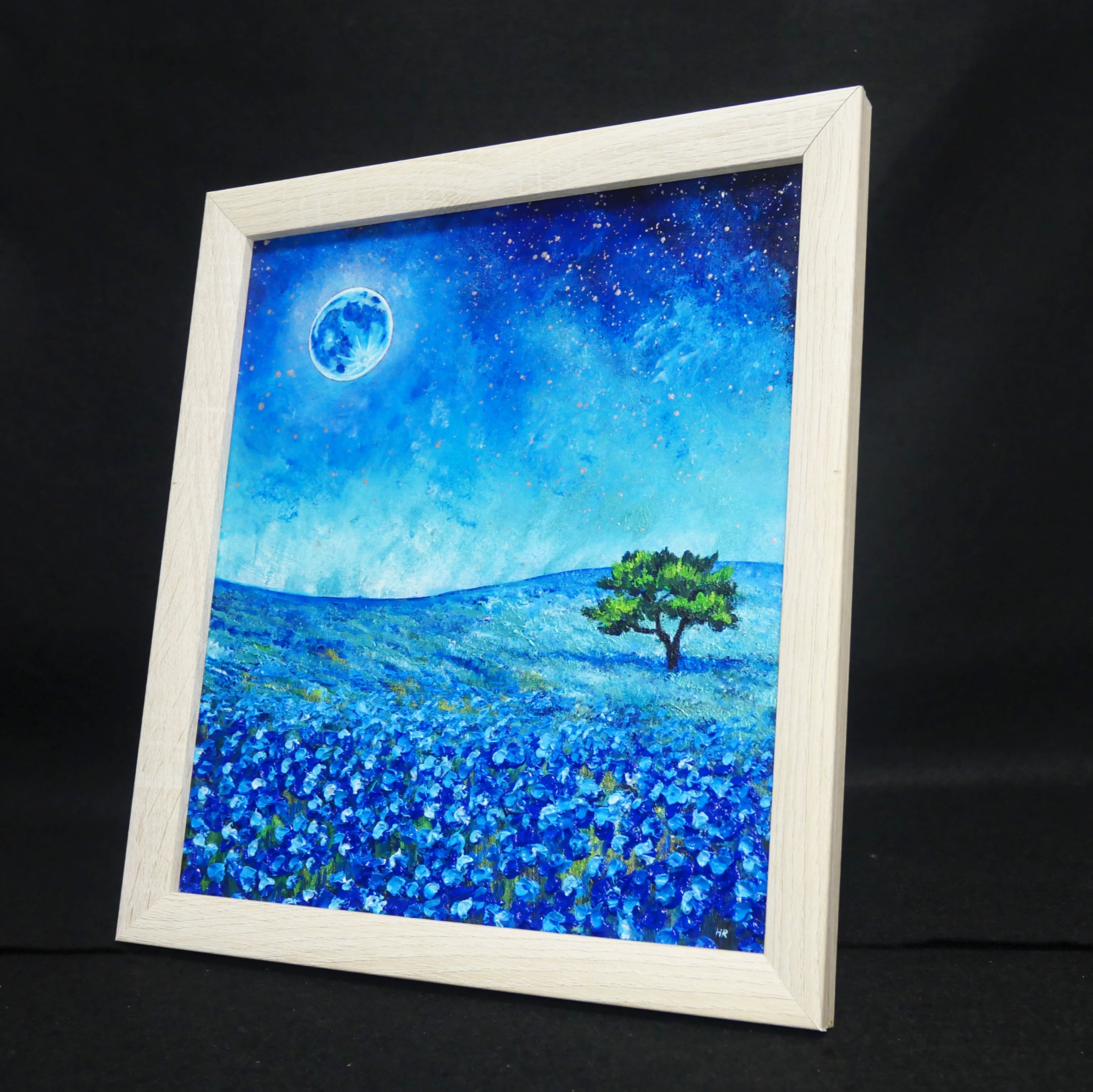油絵 油彩 油彩画 絵 絵画 【ネモフィラと青い満月と星空】 | HIROSHI1990