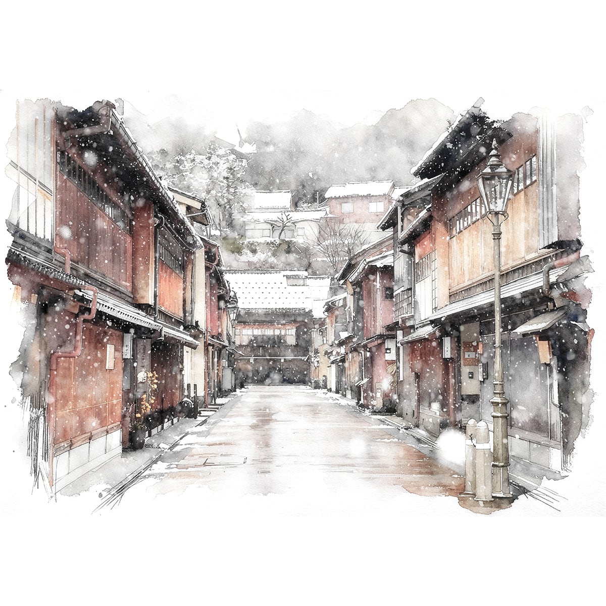 絵画(風景画) 日本 石川県 雪の兼六園 インテリアアート額付き 水彩画