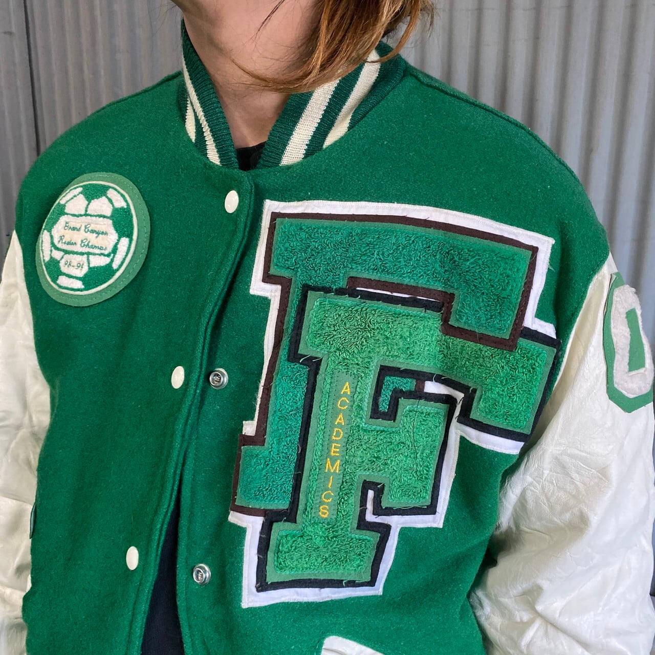 90S USA製 DeLONG デロング ワッペン付き 袖革 ウールスタジャン