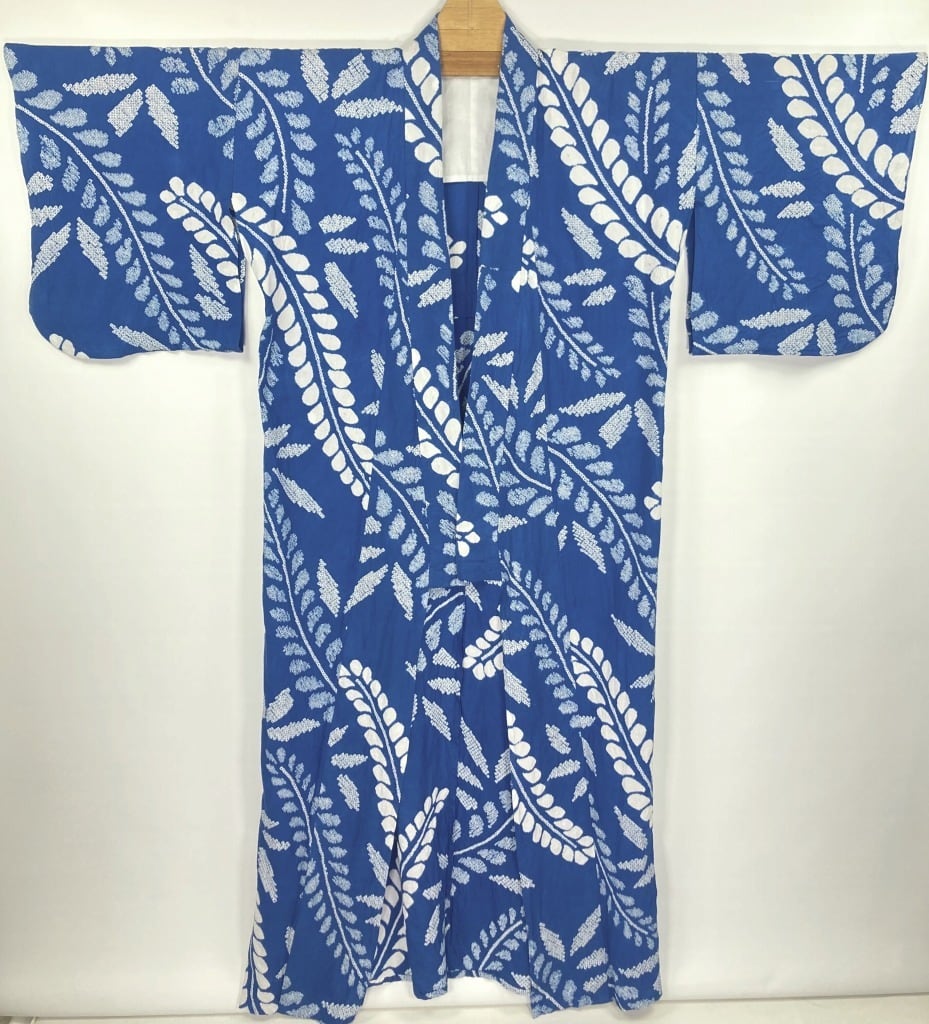 有松絞り【浴衣】希少品 藤の花 綿 夏着物 有松鳴海絞り 青 白 群青色