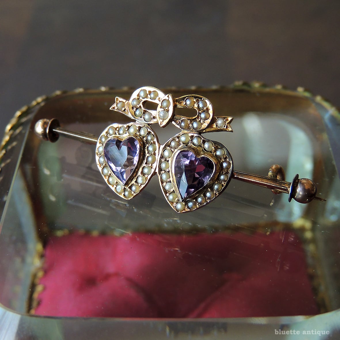アンティークジュエリー 天然アメシスト 真珠 ダブルハート＆リボン