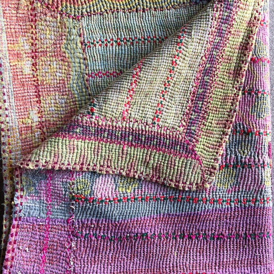 Vintage kantha quilt purple & yellow ヴィンテージカンタキルト