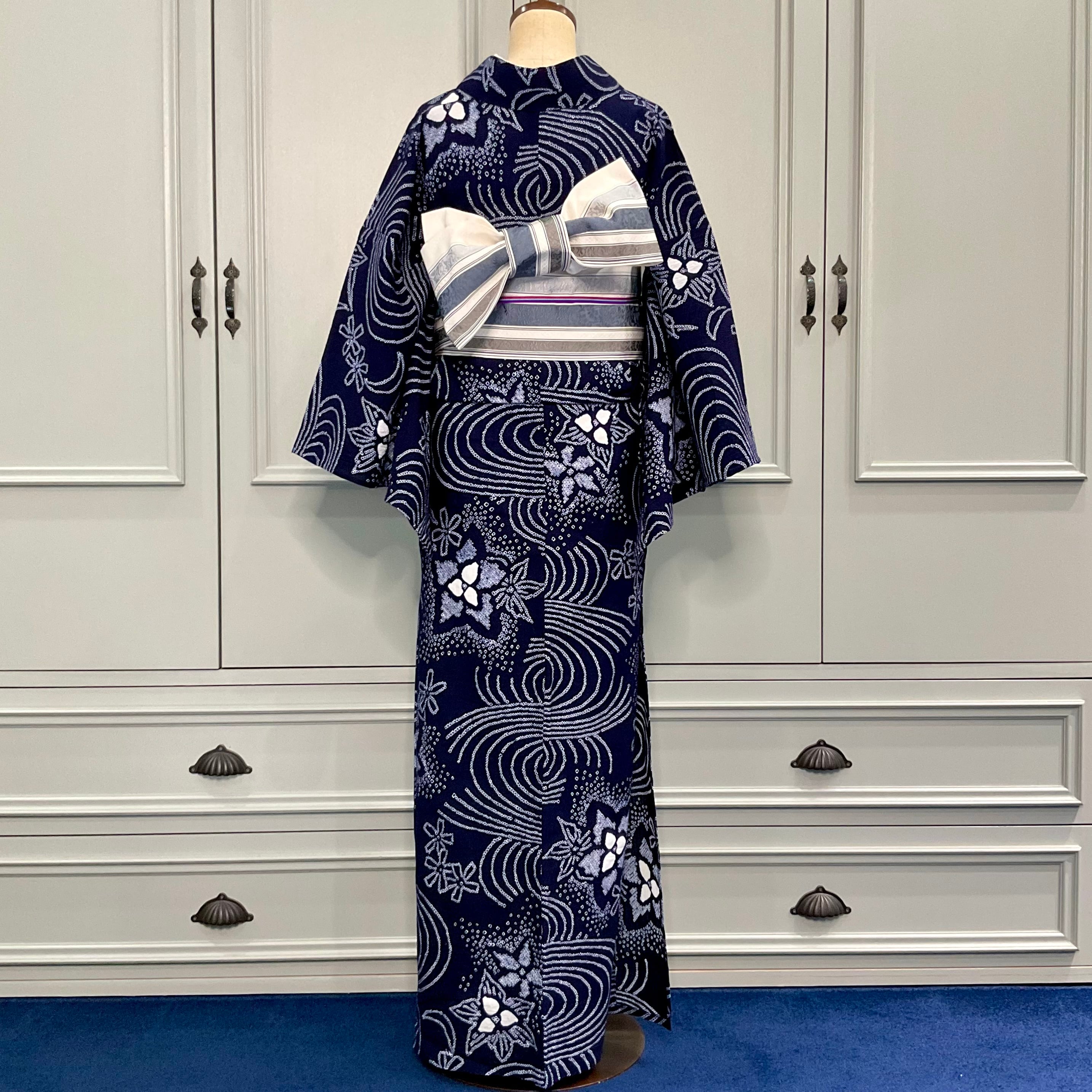 tall＊藍の水面に＊有松鳴海絞り浴衣 流水 定番 ネイビー 濃紺 A742