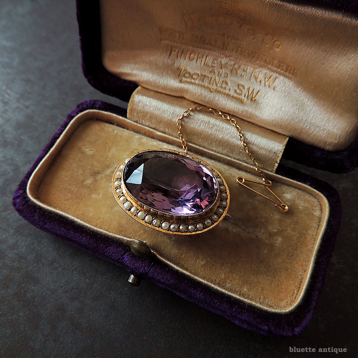 アンティークジュエリー 9ctゴールド 天然アメシスト 真珠 レースピン