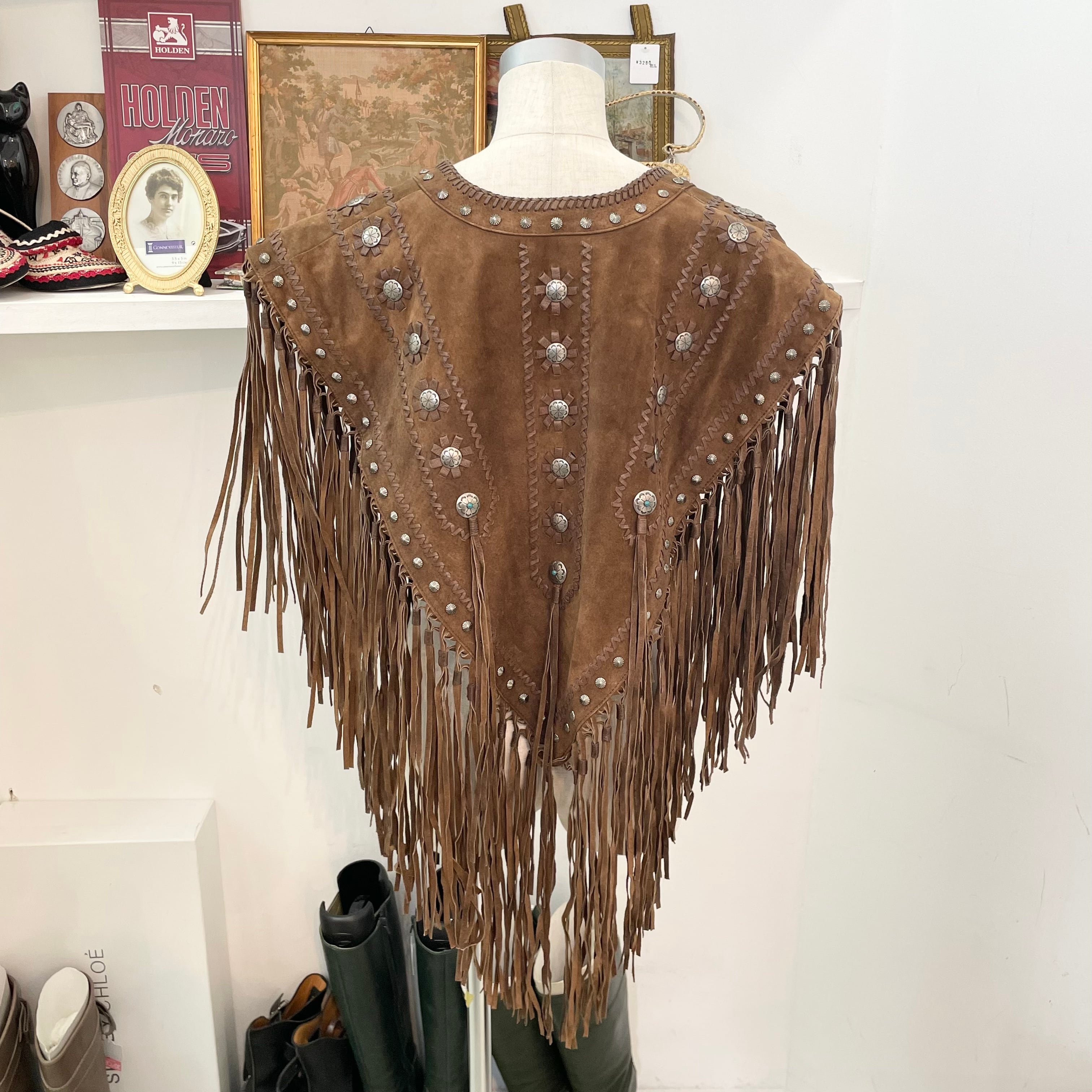 vintage/poncho/fringe/brown/Western/ビンテージ/ヴィンテージ