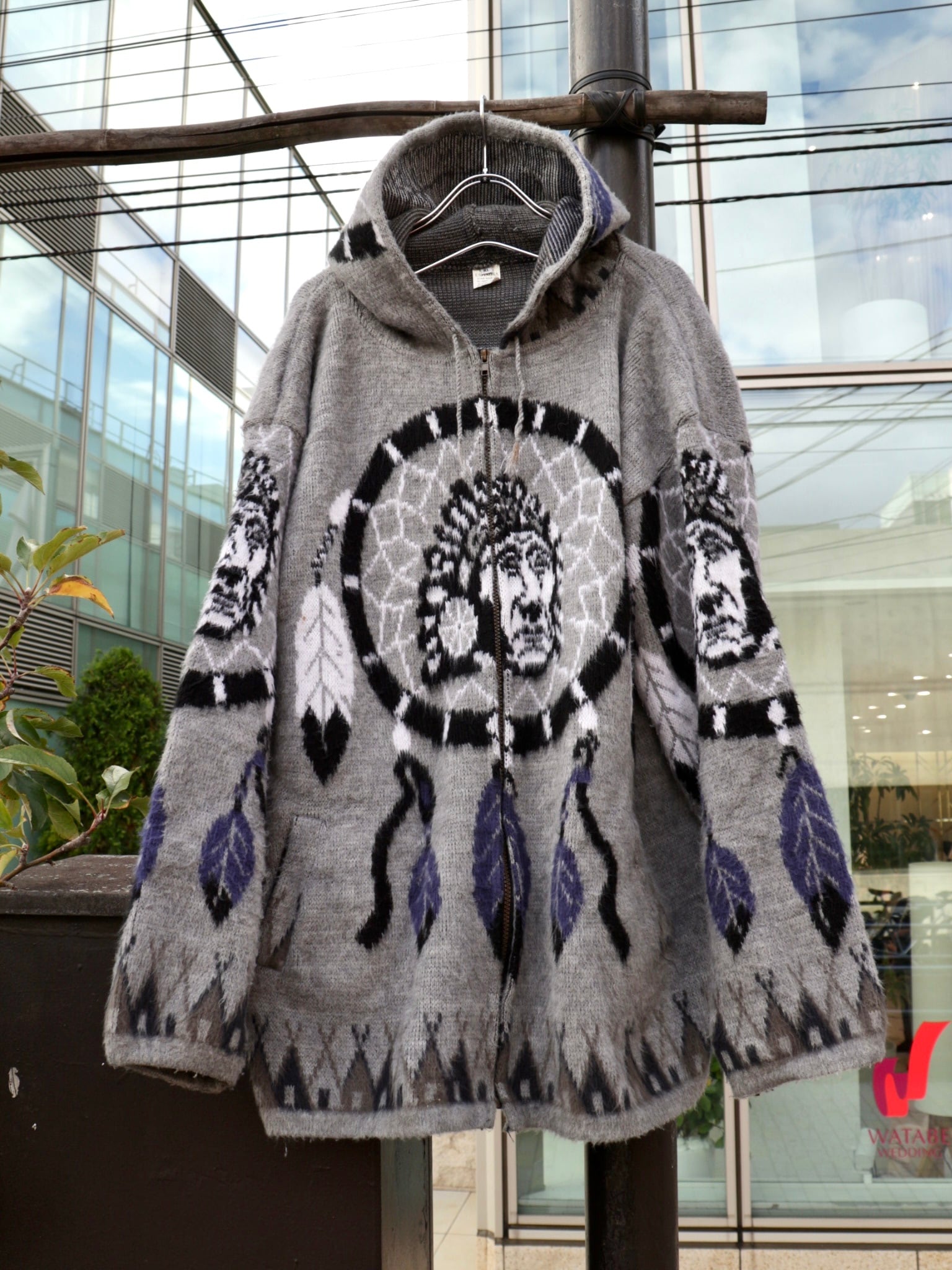 vintage native pattern loose Ecuadol knit hoodie / ヴィンテージ