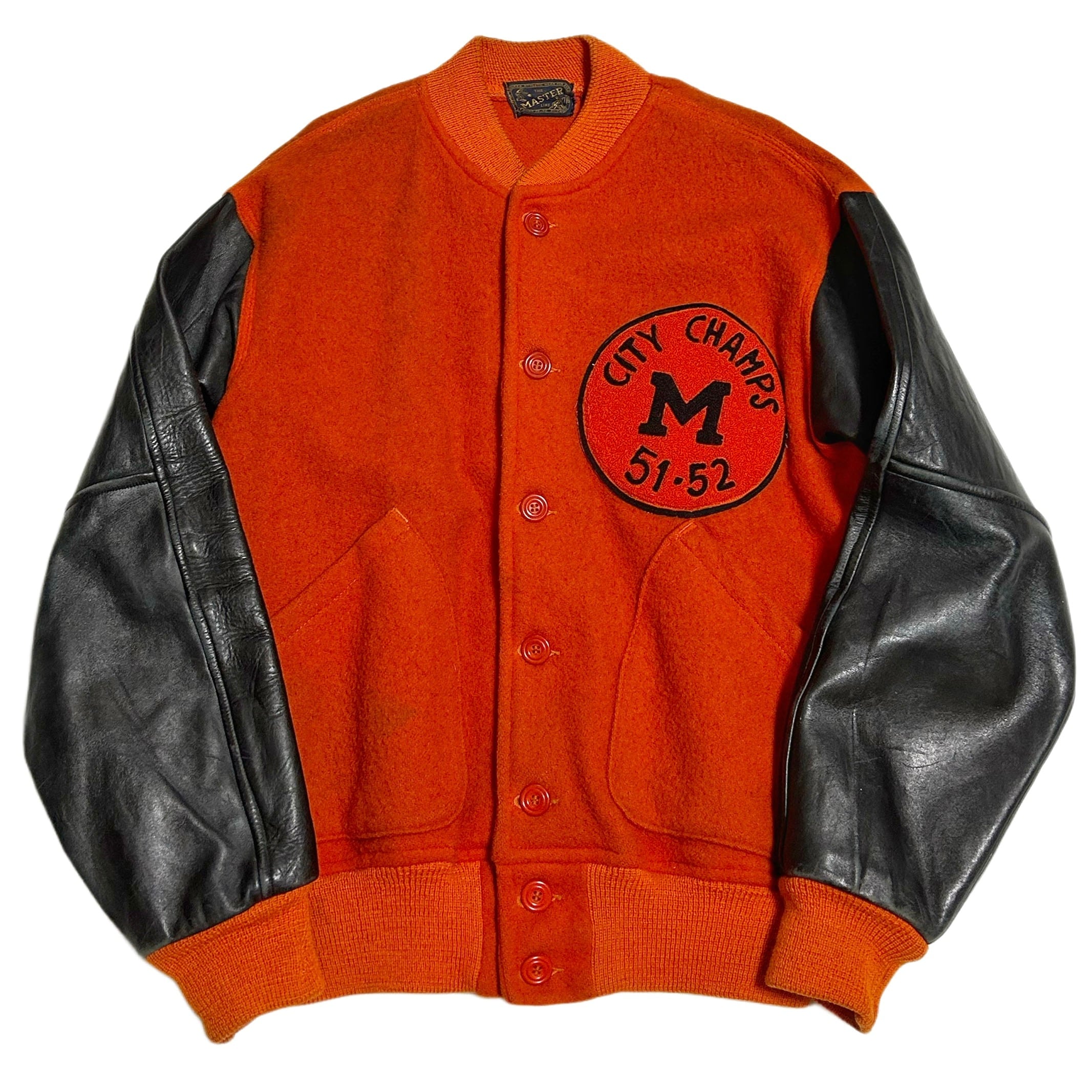 40s MASTER レザー袖 ボタスタ パチポケ スタジャン オレンジ×黒 1951