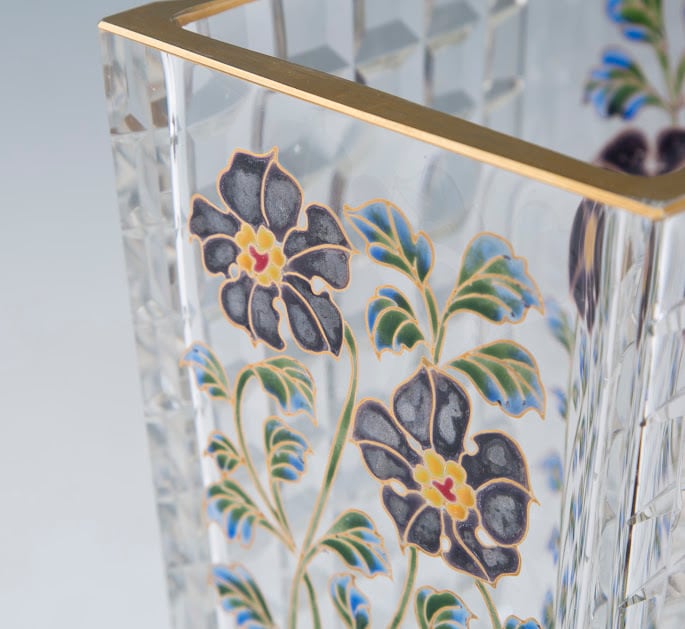 窯彩硝子 花器 雨宮喜能登 共箱 ガラス七宝 ガレの技法 花瓶 角形 四角