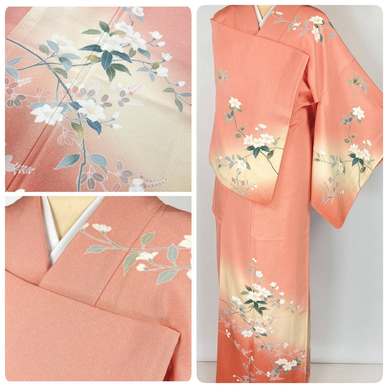 作家物 手描き友禅 美品 訪問着 花柄 正絹 オレンジ コーラルピンク