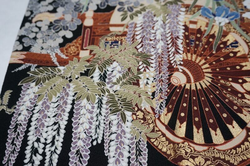 作家物 刺繍 友禅 黒留袖 比翼仕立て 花車 正絹 五つ紋 黒 434