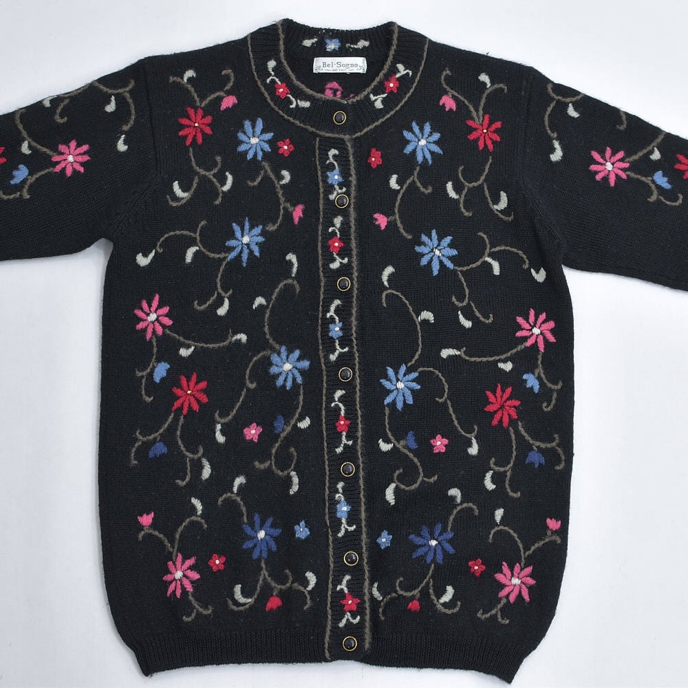 80～90s Bel-Sogno お花 総刺繍デザイン ウールニットカーディガン
