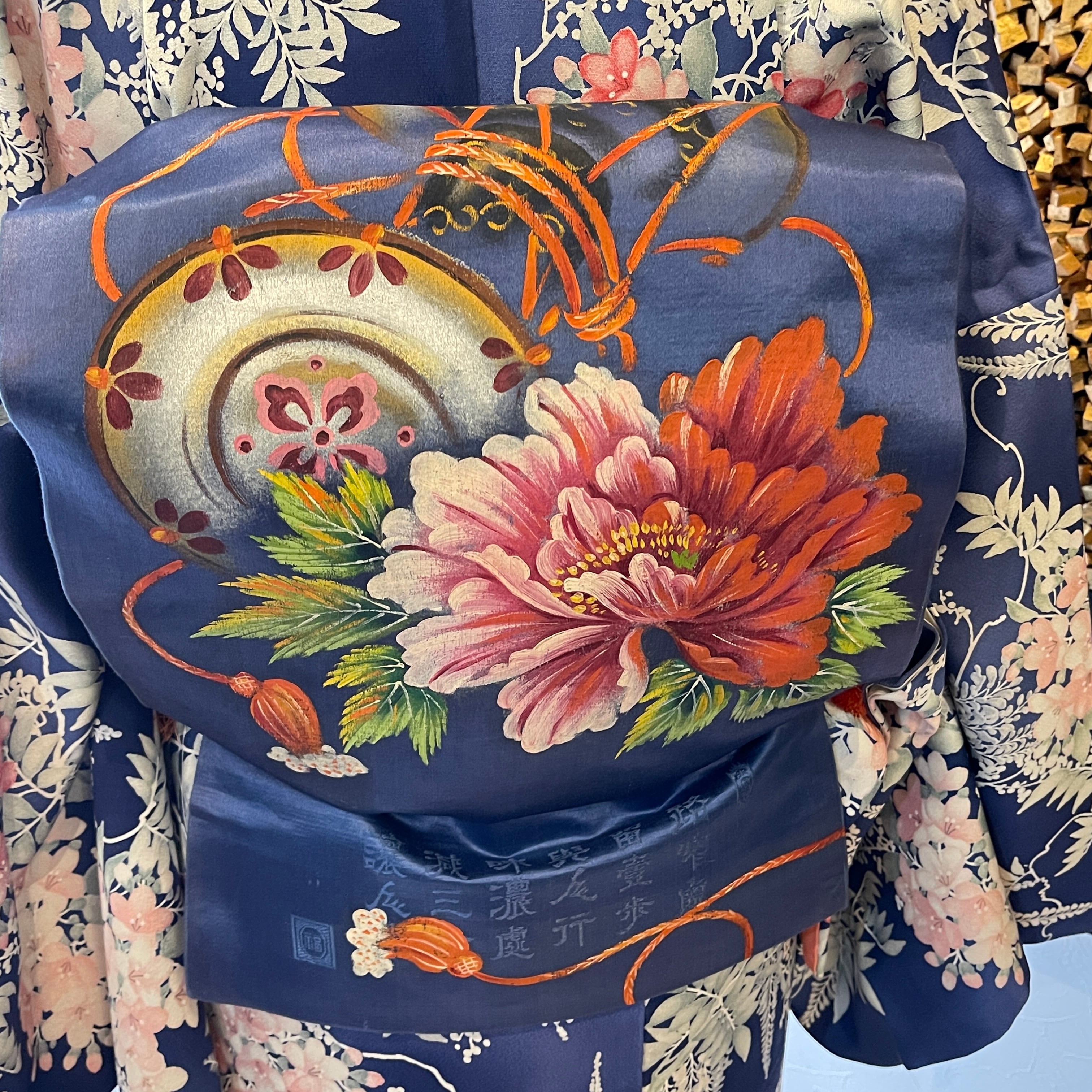 アンティーク帯 九寸名古屋帯 繻子 ブルー系 手描き つづみ 大輪の花