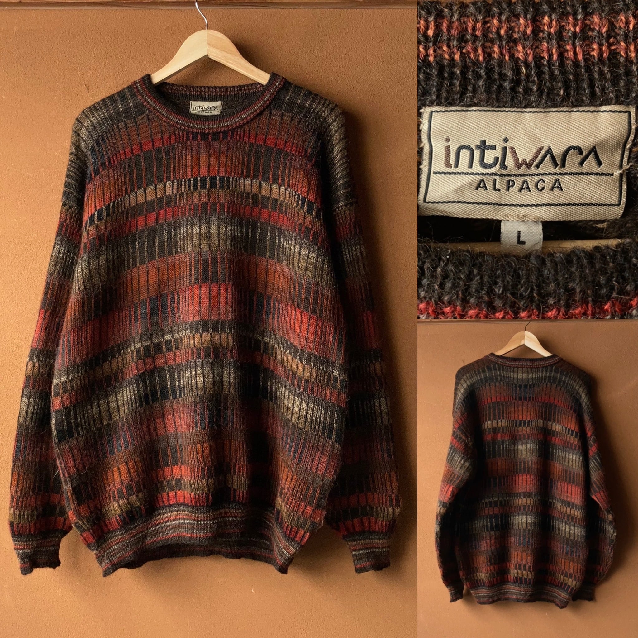 ボリビア製 総柄ニットセーター アルパカ毛 ハンドニット SIZE L