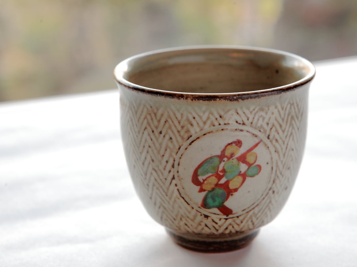 島岡達三 益子焼 竹文中皿 六枚象嵌赤絵組皿 箱入り 18cm 人間国宝