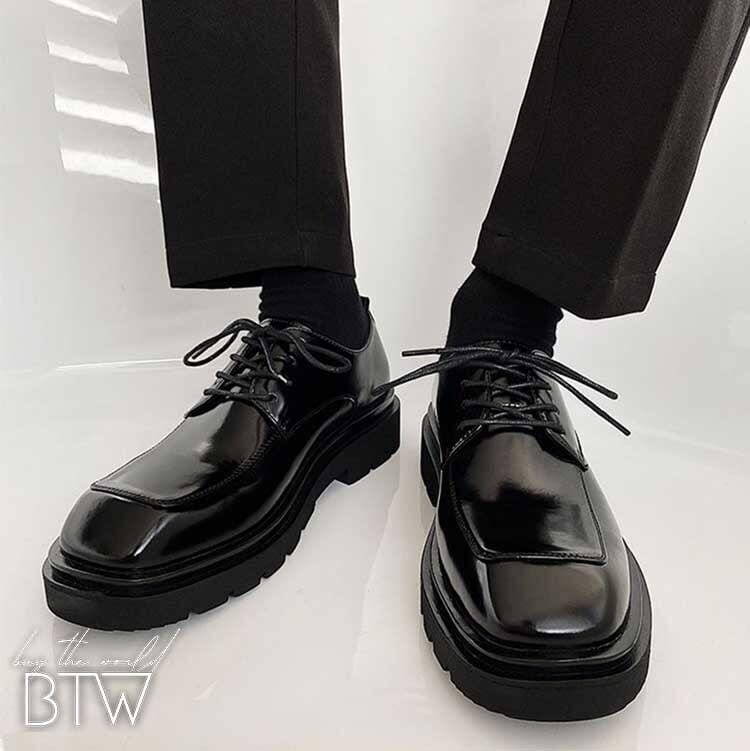 韓国メンズファッション】レースアップ厚底レザーシューズ ブーツ