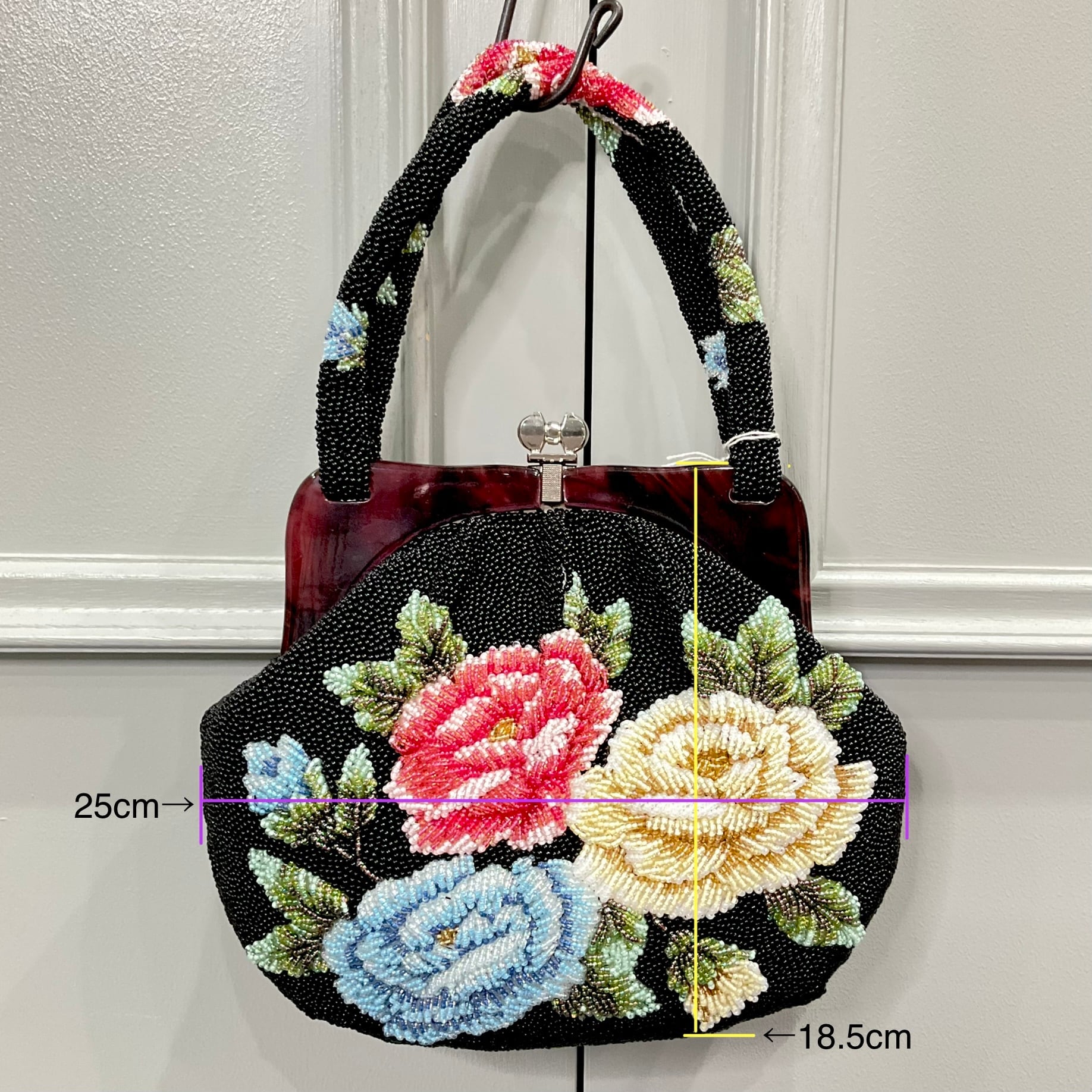 ヴィンテージビーズバッグ＊ブラック×スリーカラーズ・フラワー0570