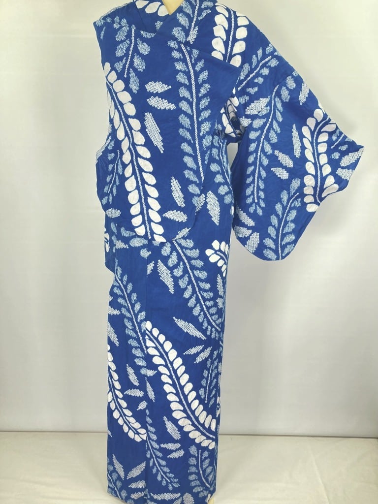 有松絞り【浴衣】希少品 藤の花 綿 夏着物 有松鳴海絞り 青 白 群青色