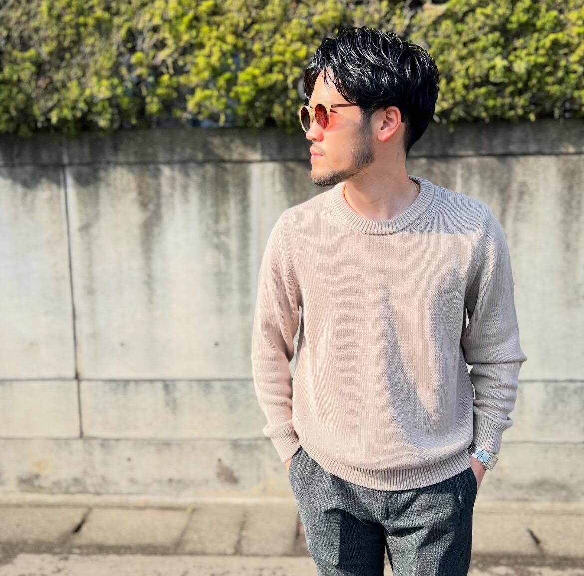 ZANONE（ザノーネ）5ゲージ クルーネック コットンニット GREIGE