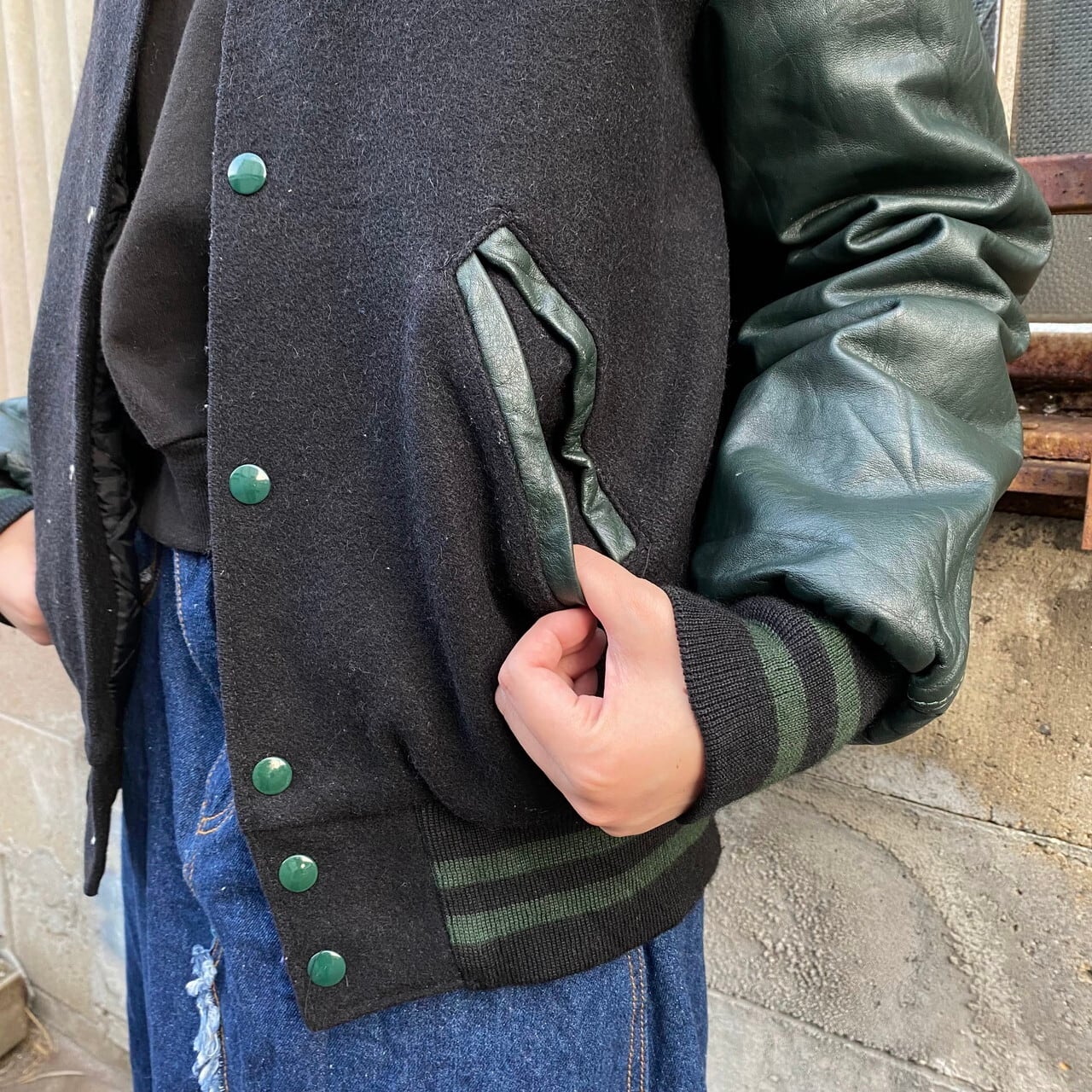 80年代 USA製 Holloway 袖レザー ウールスタジャン チェーン刺繍