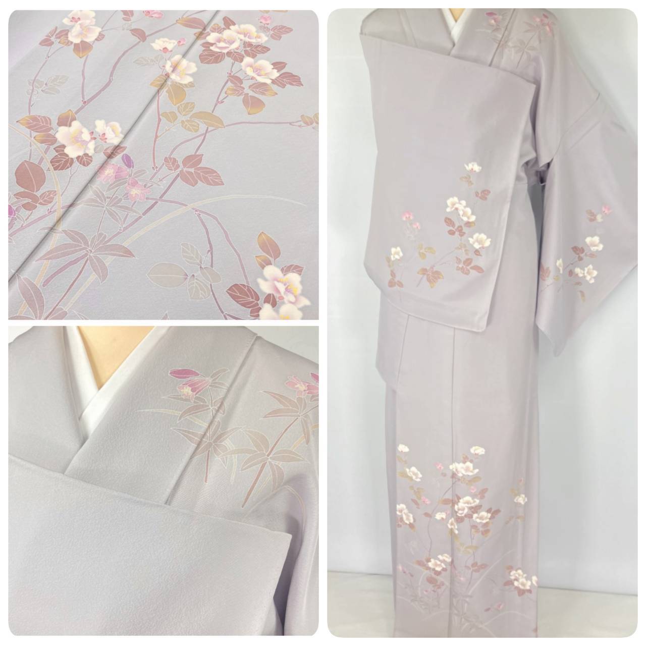 単衣】作家物 落款 手描き友禅 椿 正絹 訪問着 紫 淡藤色 1248