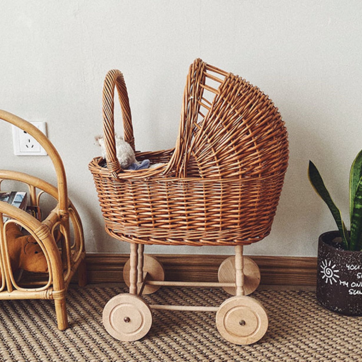 ラタン ベビーカー レトロ ドールベビーカー 人形 乳母車 手押し車