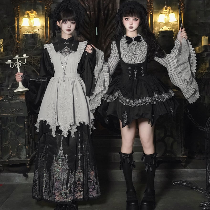 ゴスロリ 6点 セット ストライプ 姫袖 ブラウス コルセット ボンネット