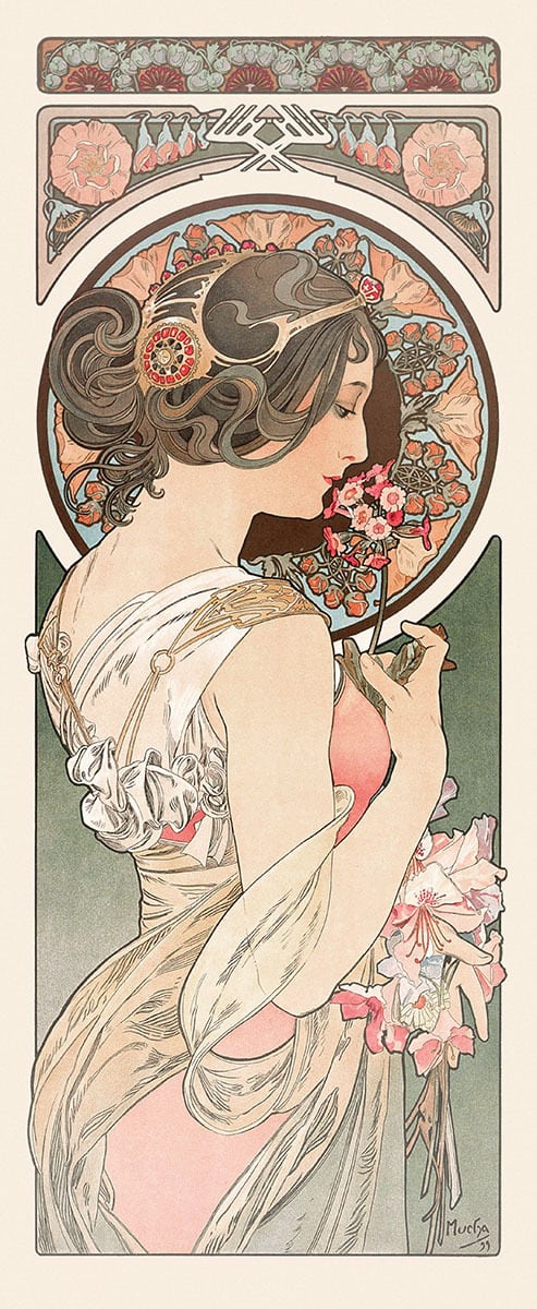 ミュシャ『桜草』 リトグラフ・送料無料・新品額装・UVカットアクリル