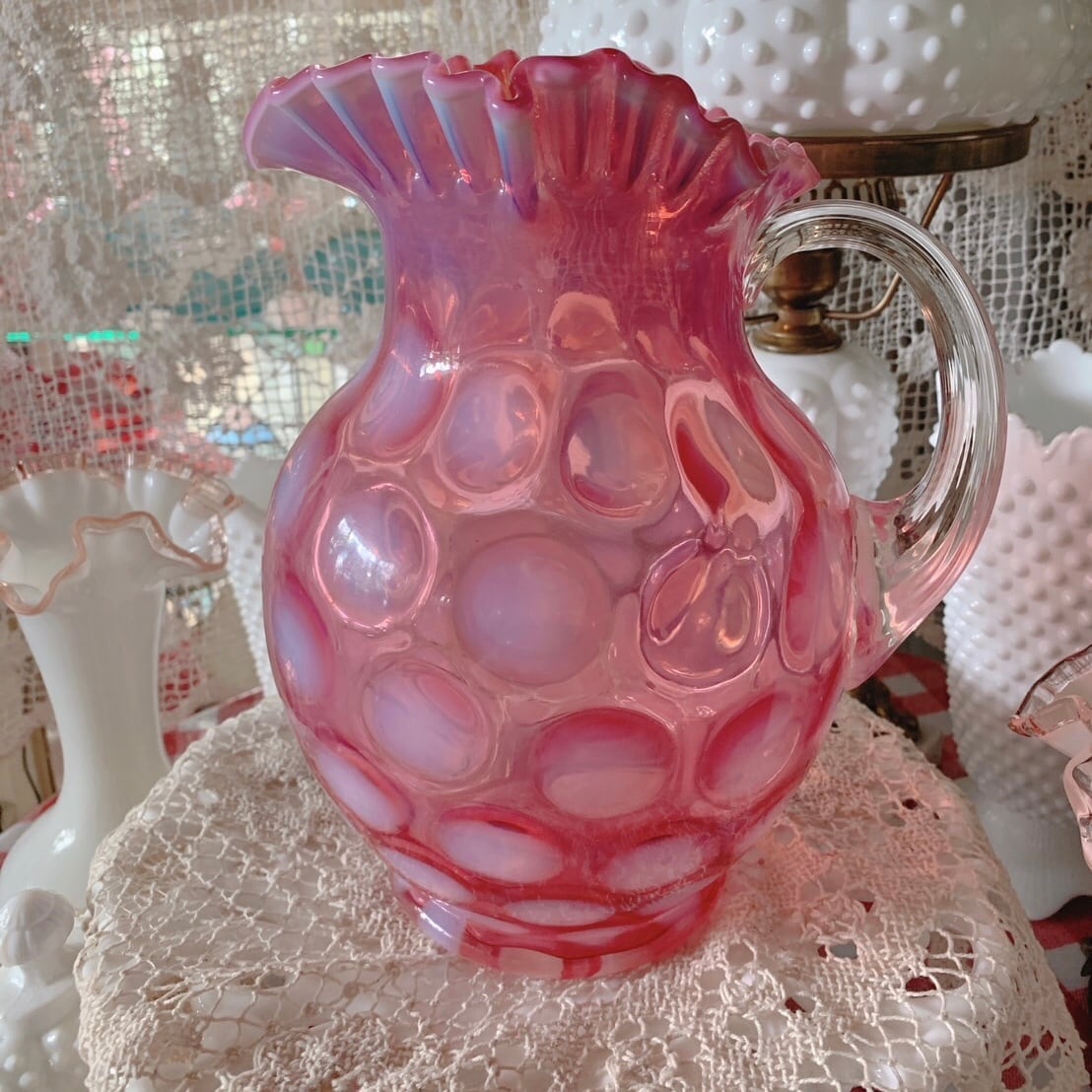 フェントン ドット ピンクガラス フリル付きフラワーベース フェントン