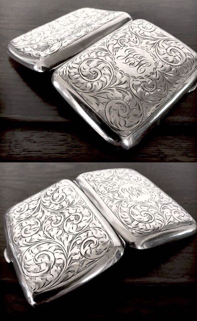英国アンティーク シガレットケース 喫煙具 両面彫金 唐草模様