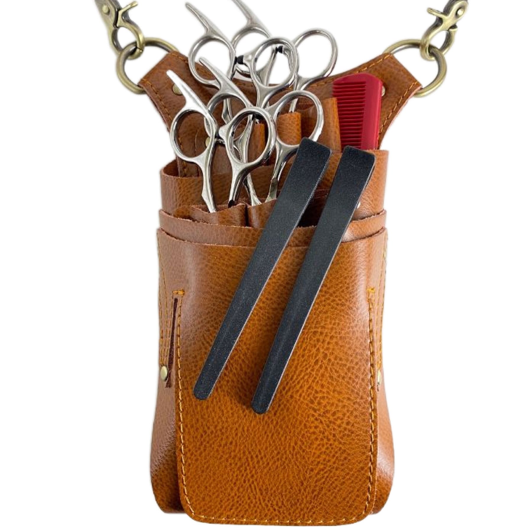 シザーケース ブラウン ハサミ6丁 本体・ベルト本革 美容師 トリマー