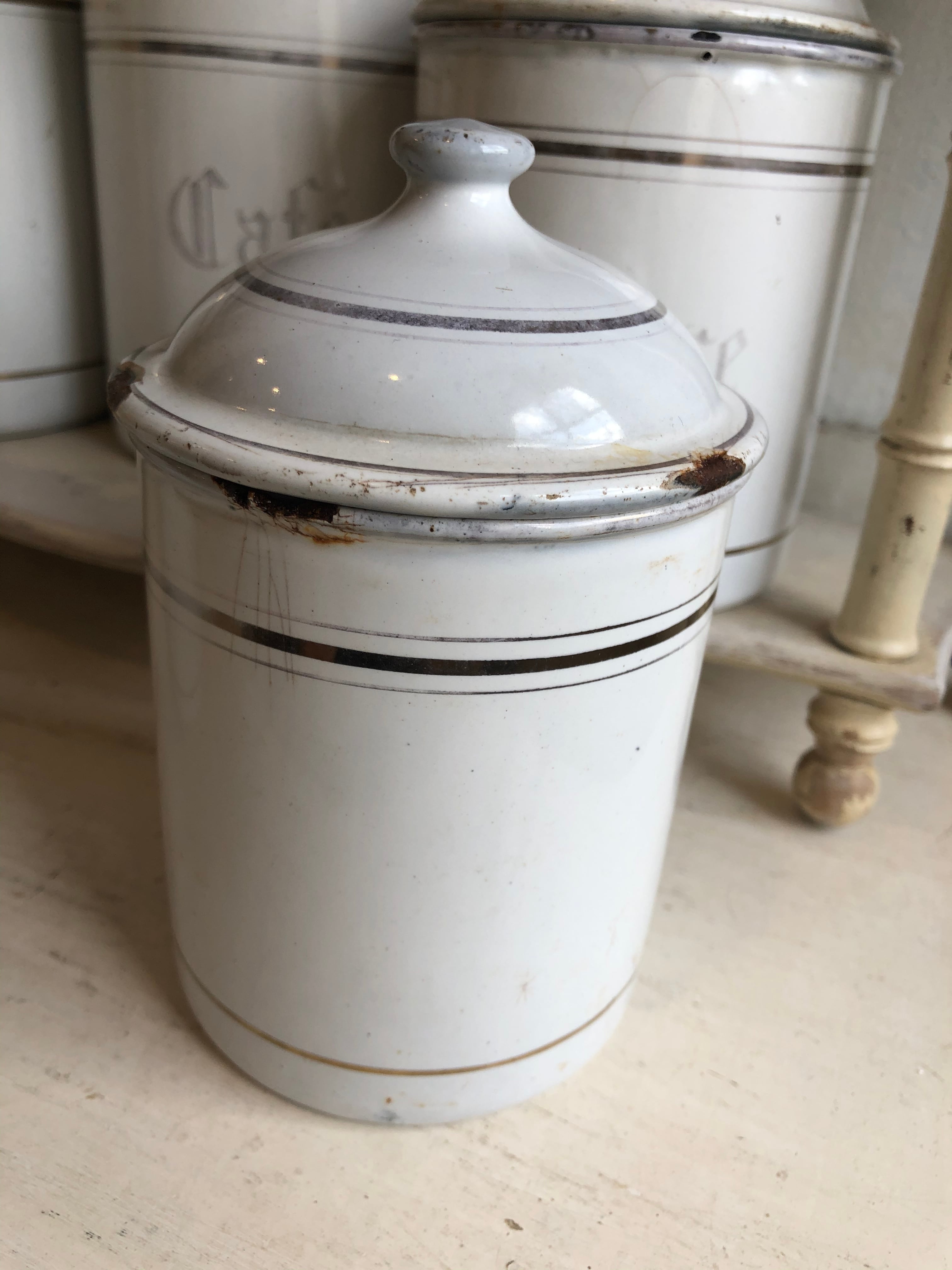 フランスアンティークMarque Deposee G.O製 ホーローキャニスター白5個