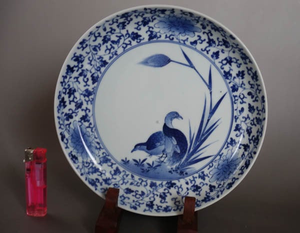 古伊万里 染付 花唐草 粟に鶉文 中皿 藍柿右衛門 江戸中期 渦福 二重角