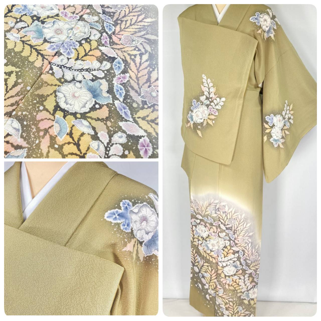 辻が花 絞り 訪問着 正絹 袷 緑 黄緑 白 威光茶 1247 | kimono Re:和