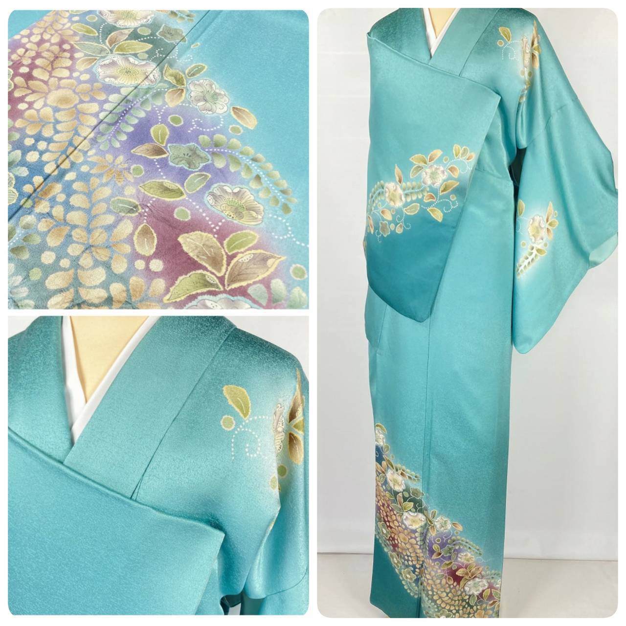 さが美謹製 辻が花 絞り 訪問着 正絹 ティファニーブルー 黄緑 紫 787