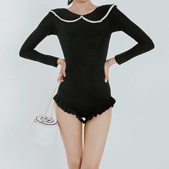 襟付き 長袖 ワンピース水着 レース セーラーカラー ラッシュガード