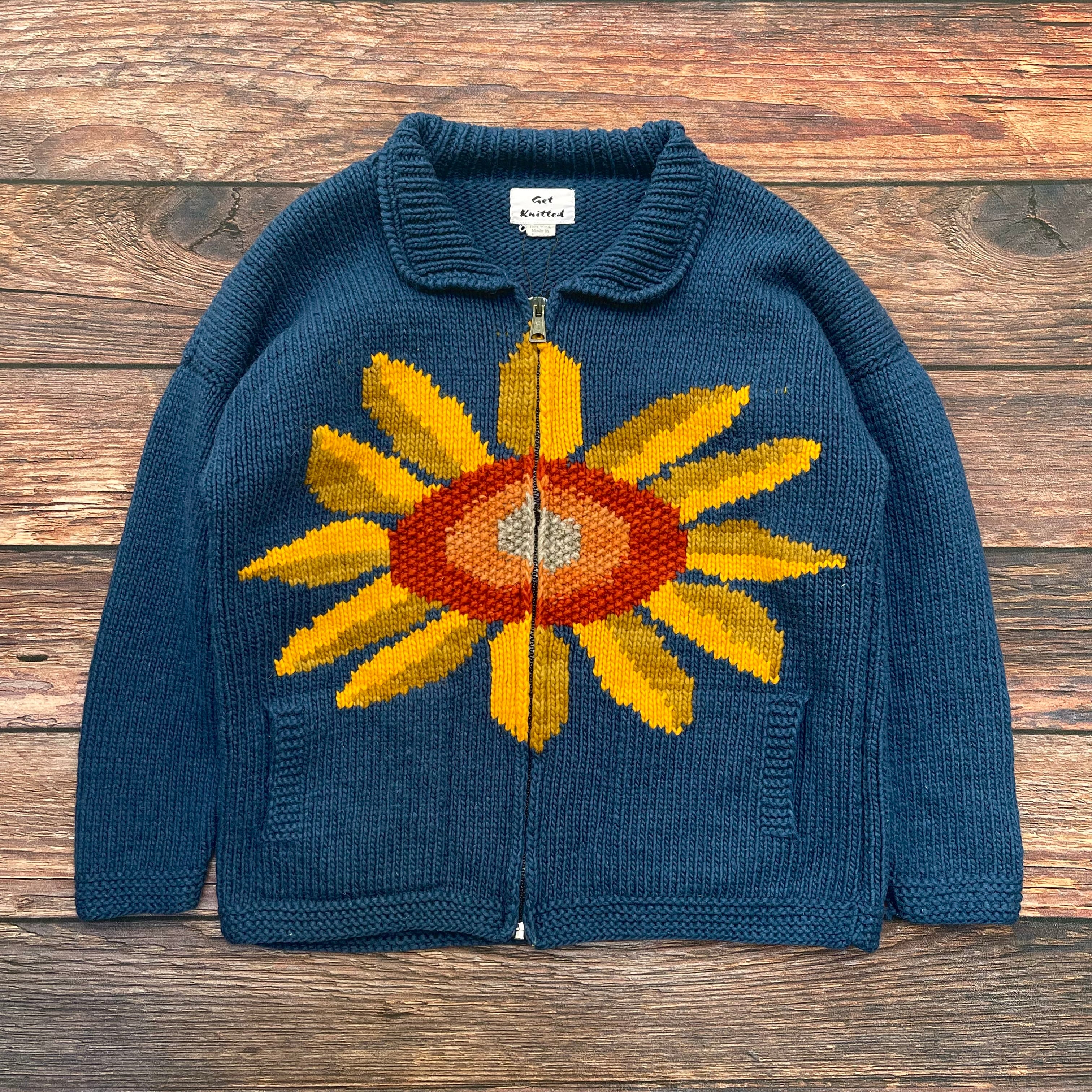 エクアドルセーター ジップアップニット ブルー フラワーパターン