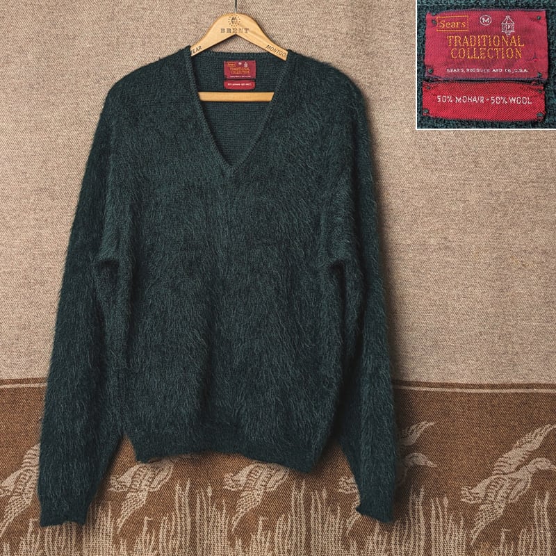 60s～ Sears TRADITIONAL COLLECTION V-Neck Green Mohair Wool