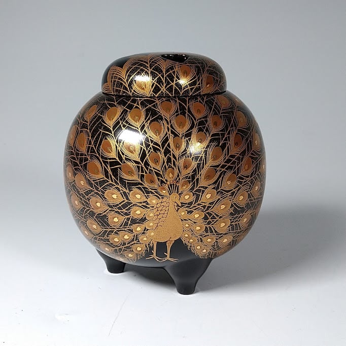 慶塚作 輪島塗 孔雀 蒔絵 飾り香炉 三足香炉 漆器 うるし 床の間